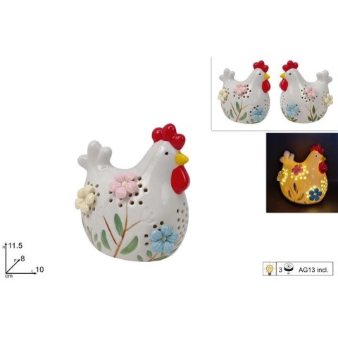 GALLINA 11.5CM CERAMICA CON LUCE 2ASS